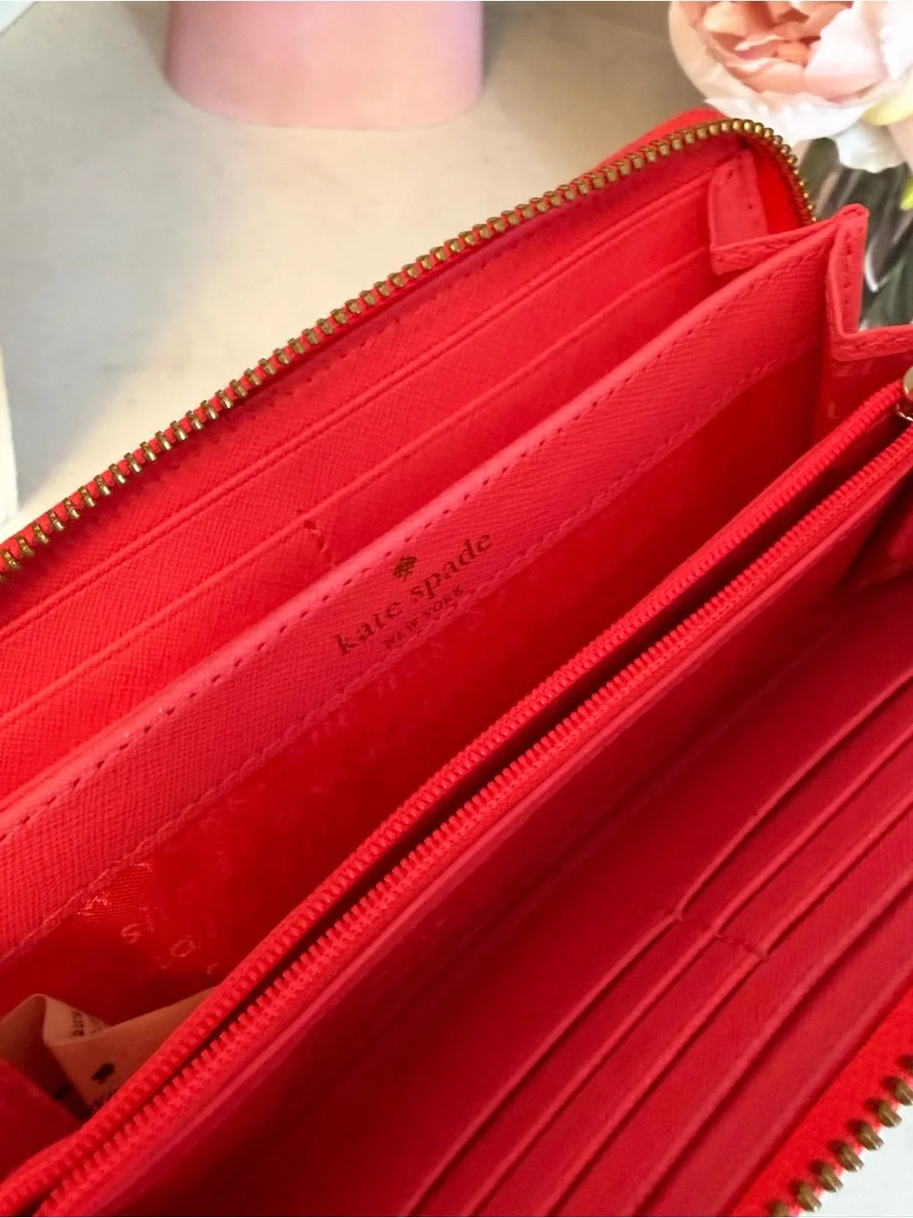kate spade EUC Brown double face zipper Wallet with Coral Underlay and Trim